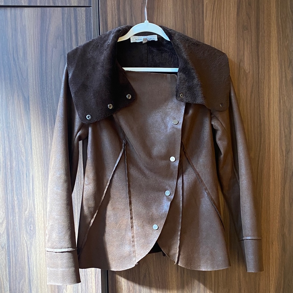 Zara Chocolate Leather Jacket with Plush Collar